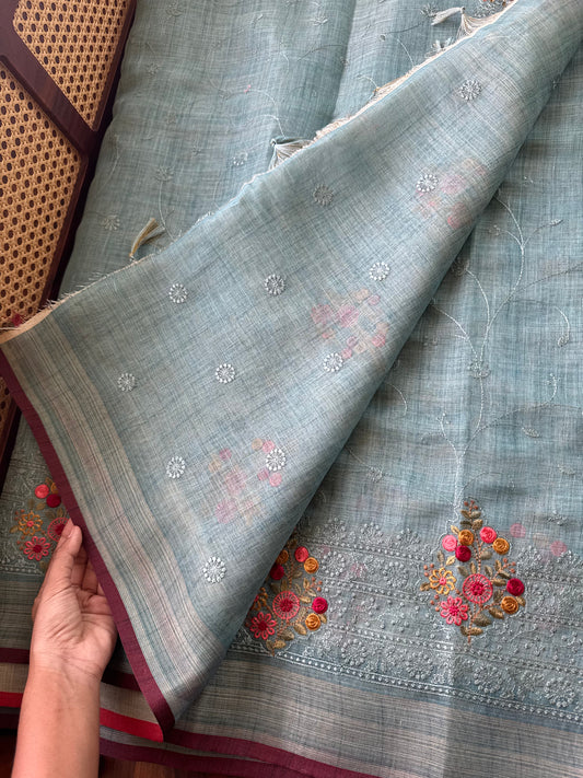 Premium Tissue Linen Sarees - Blue