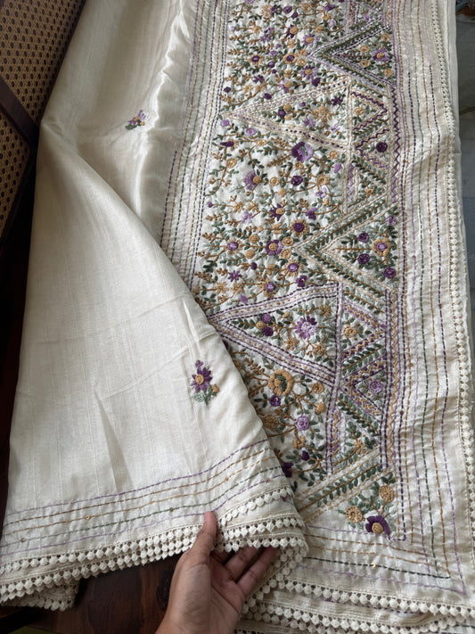 Premium Tussar Blend Saree with Handwork - Halfwhite & Voilet