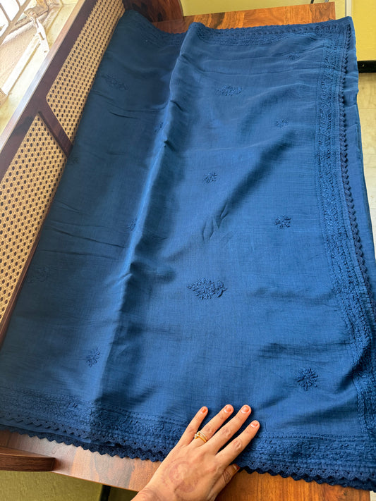 Pure Mul Chanderi Chikankari Saree - Blue