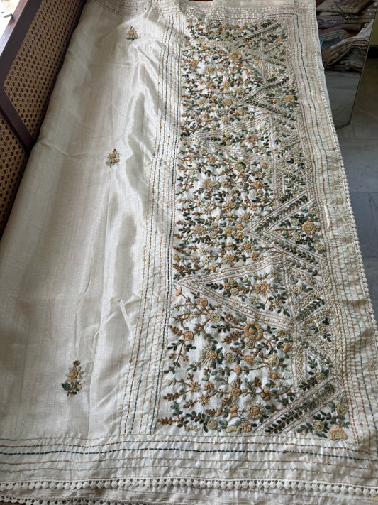 Premium Tussar Blend Saree with Handwork - Halfwhite & Mustard