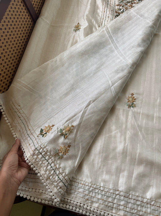 Premium Tussar Blend Saree with Handwork - Halfwhite & Mustard