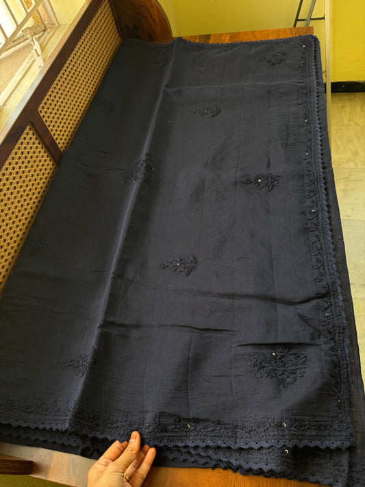 Pure Mul Chanderi Chikankari Saree - Navy Blue