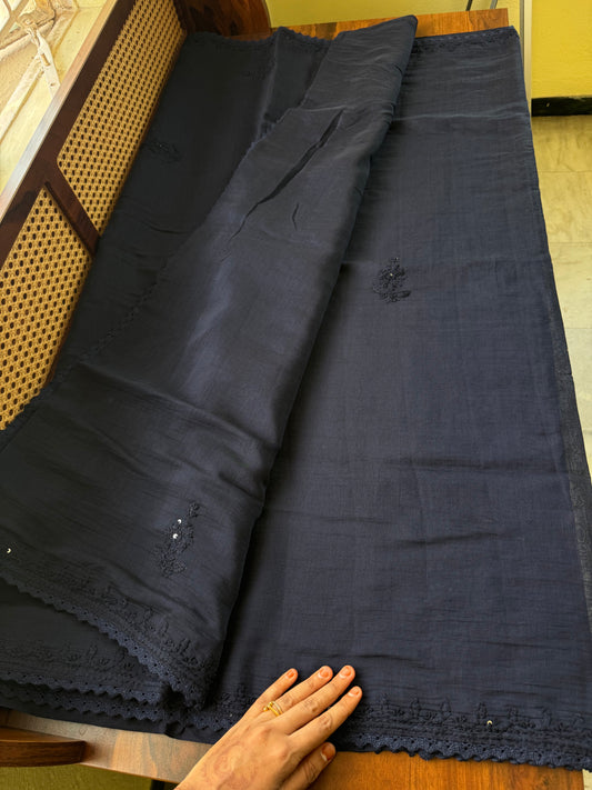 Pure Mul Chanderi Chikankari Saree - Navy Blue