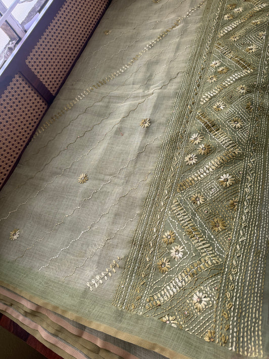 Premium Tissue Linen Sarees with all over & heavy blouse - Green