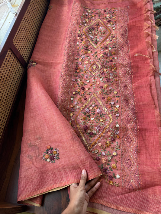Premium Tissue Linen Sarees with heavy blouse - Peach