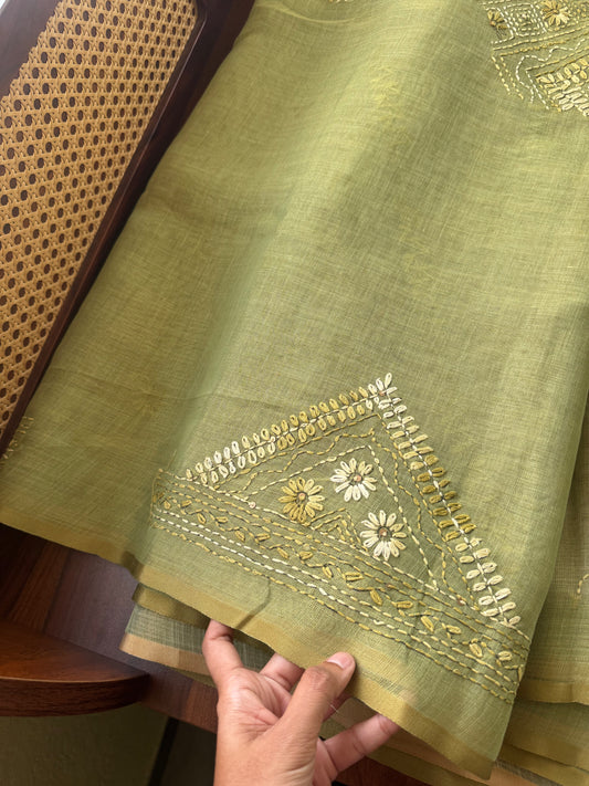 Premium Tissue Linen Sarees with all over & heavy blouse - Green