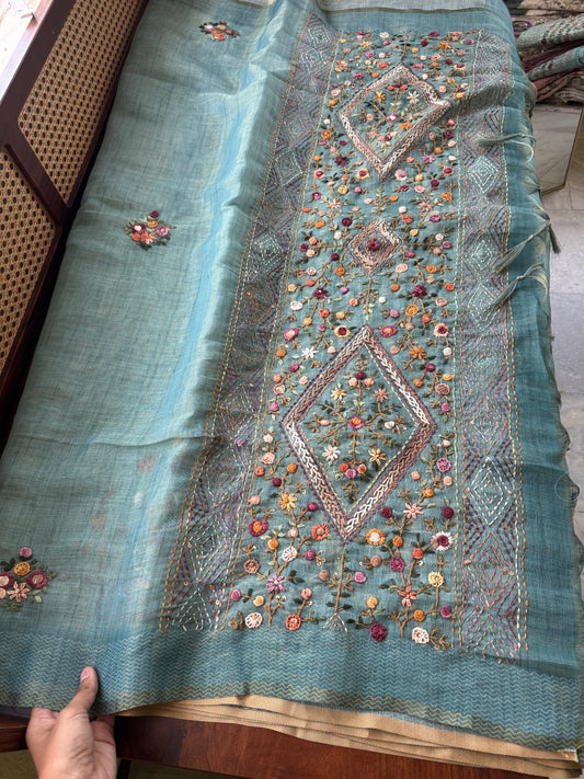 Premium Tissue Linen Sarees with heavy blouse - Blue
