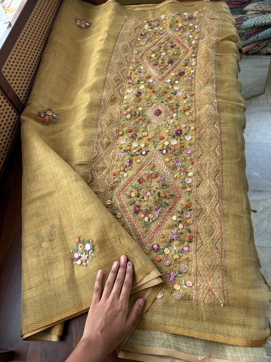 Premium Tissue Linen Sarees with heavy blouse - Henna Green