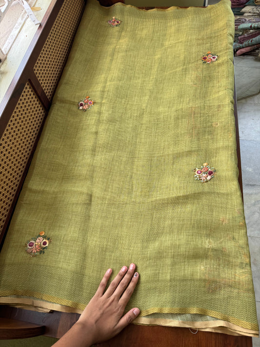 Premium Tissue Linen Sarees with heavy blouse - Green