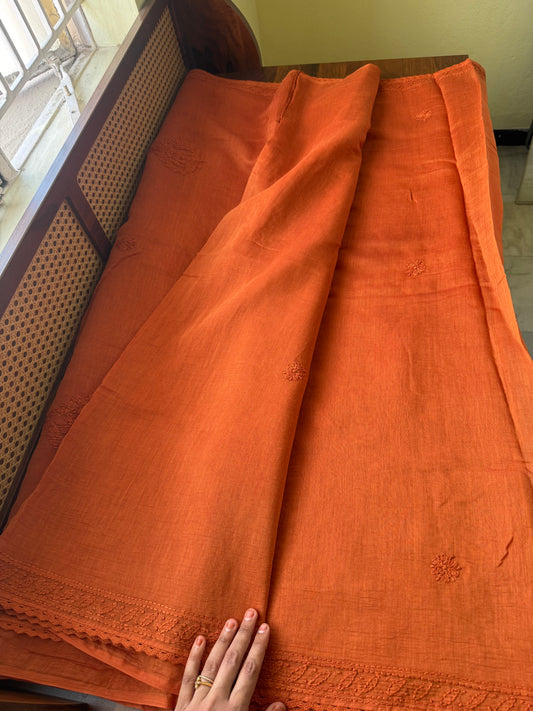 Pure Mul Chanderi Chikankari Saree - Rust Orange 2
