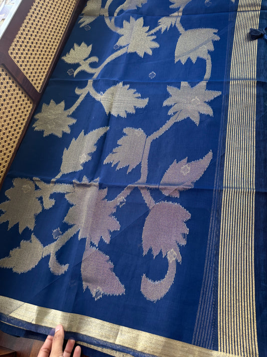 Minimal Tussar Georgette Blend Saree - Navy Blue