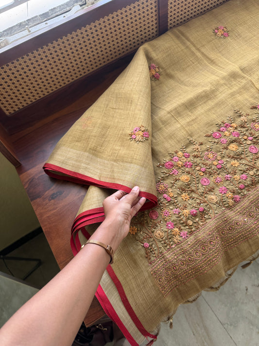 Premium Tissue Linen Sarees - Henna Green