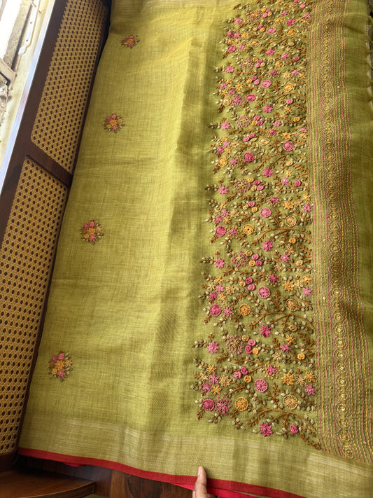 Premium Tissue Linen Sarees - Green