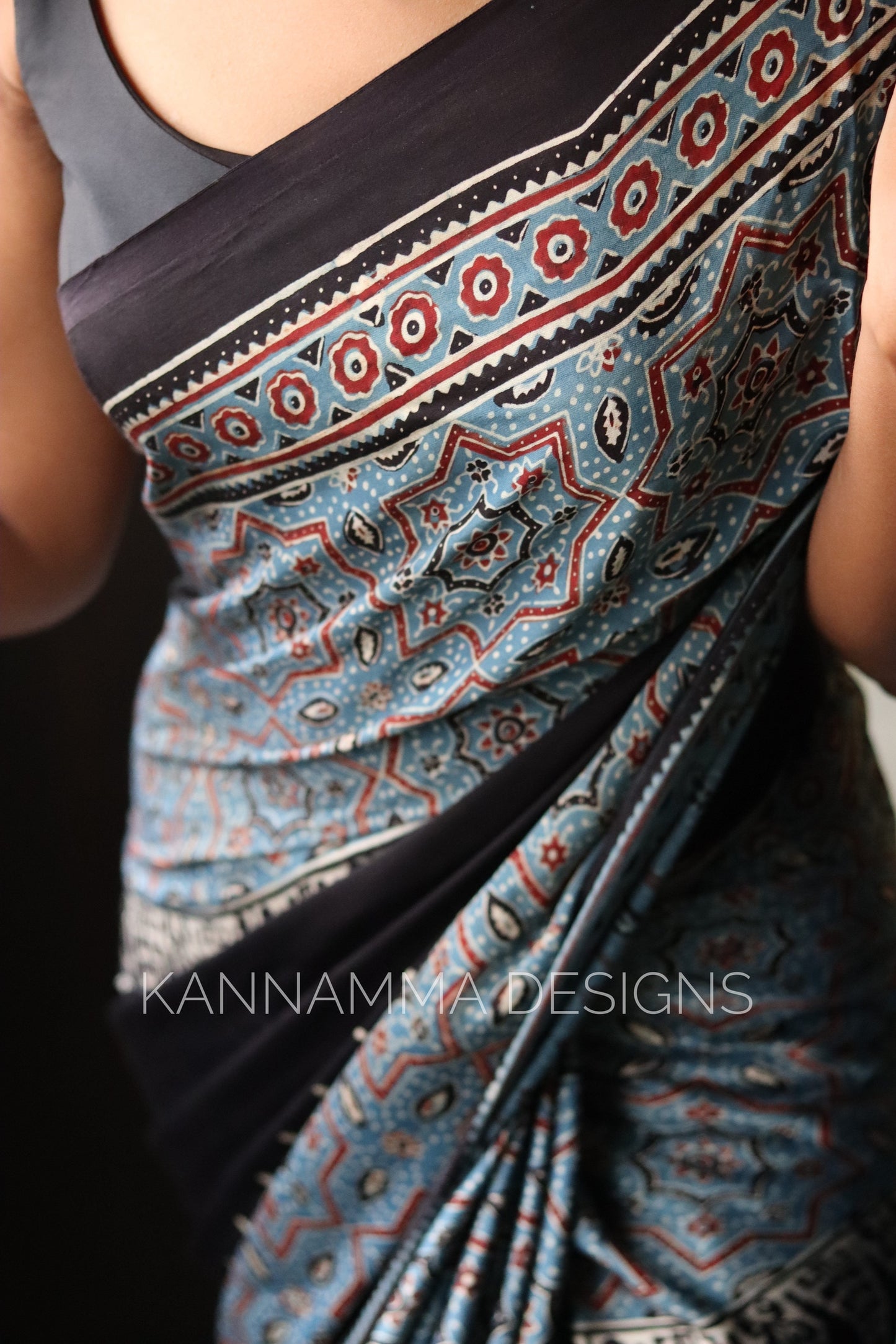 Ajrakh Modal Silk Saree - Black (KS393)