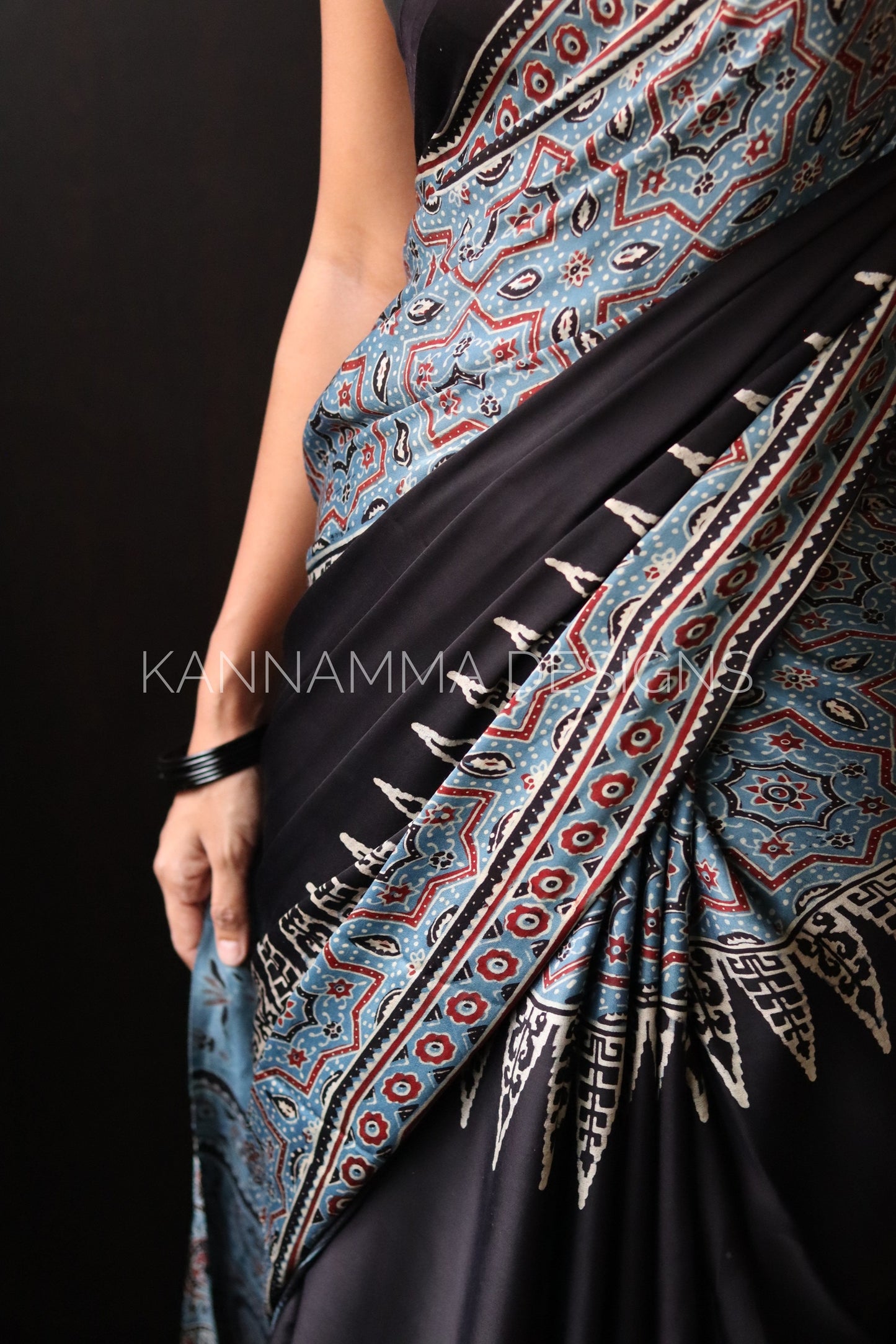 Ajrakh Modal Silk Saree - Black (KS393)