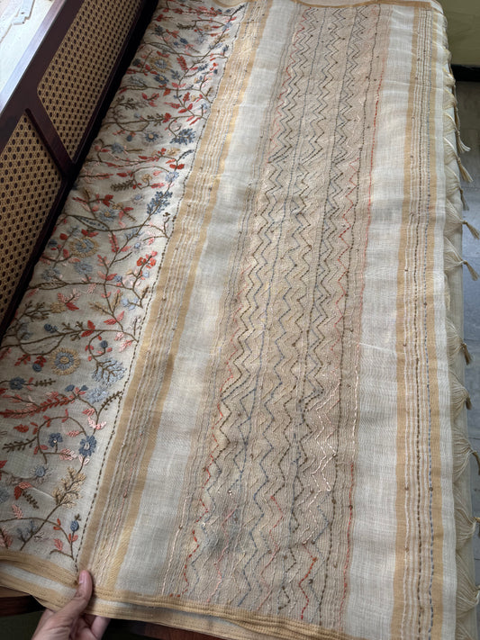 Premium Tissue Linen Sarees - Beige & Orange