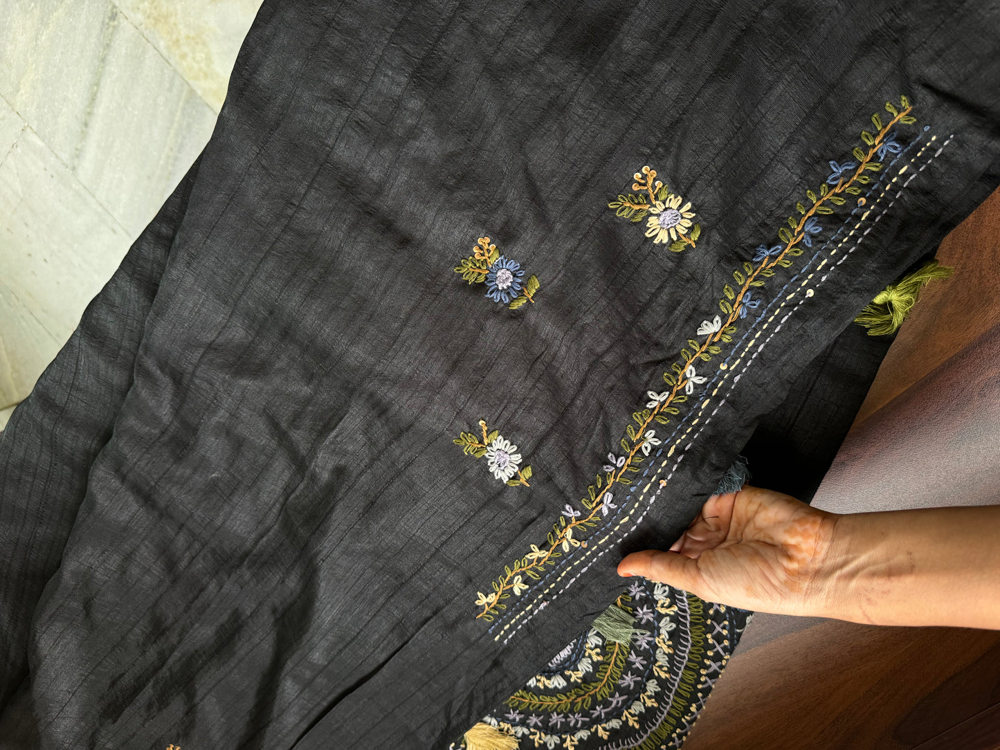 Premium Tussar Blend Saree with Handwork - Black