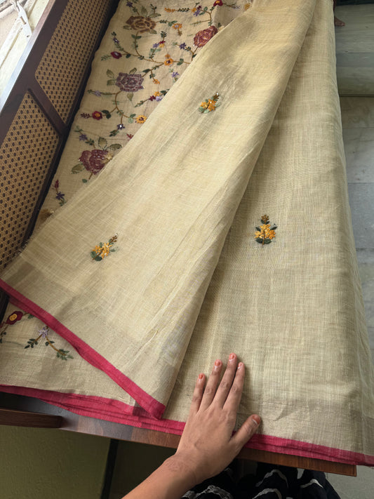 Premium Tissue Linen Sarees - Golden beige with multi color embroidery