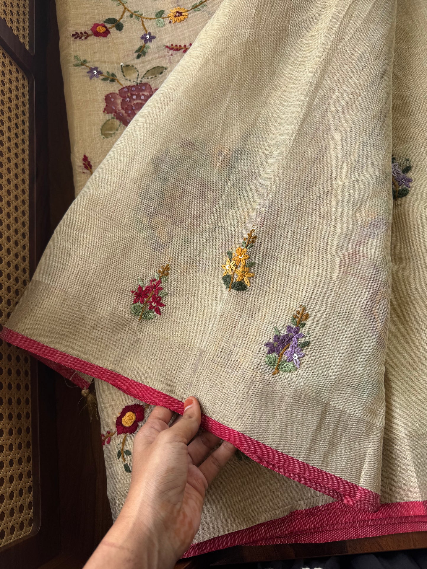 Premium Tissue Linen Sarees - Golden beige with multi color embroidery