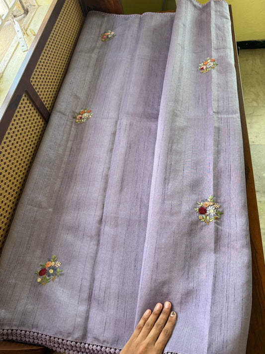 Hand Embroidered Tussar Blend Saree with heavy blouse - Lavender