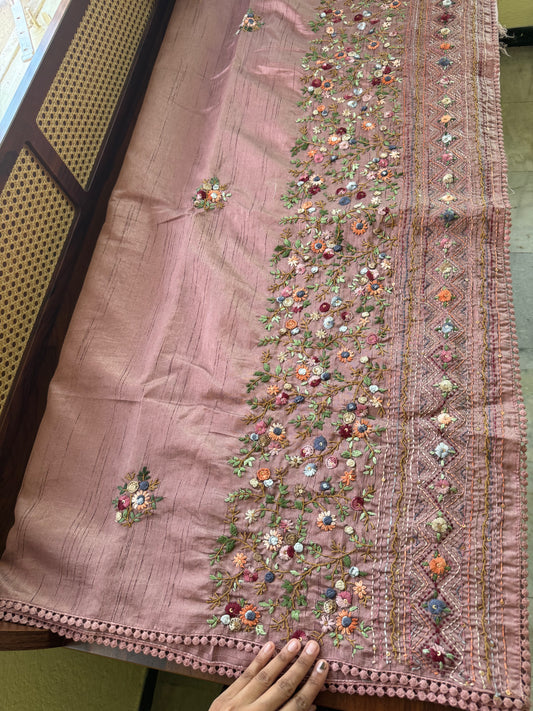 Hand Embroidered Tussar Blend Saree with heavy blouse - Pink