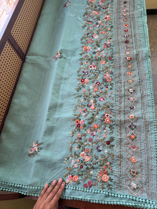 Hand Embroidered Tussar Blend Saree with heavy blouse - Blue