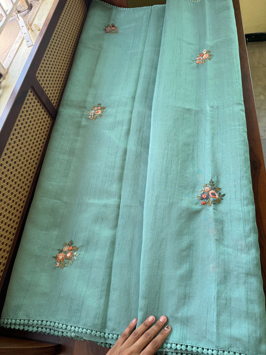 Hand Embroidered Tussar Blend Saree with heavy blouse - Blue