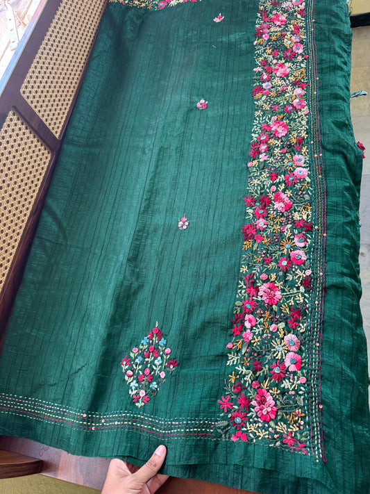 Premium Tussar Blend Saree with Handwork - Dark Green