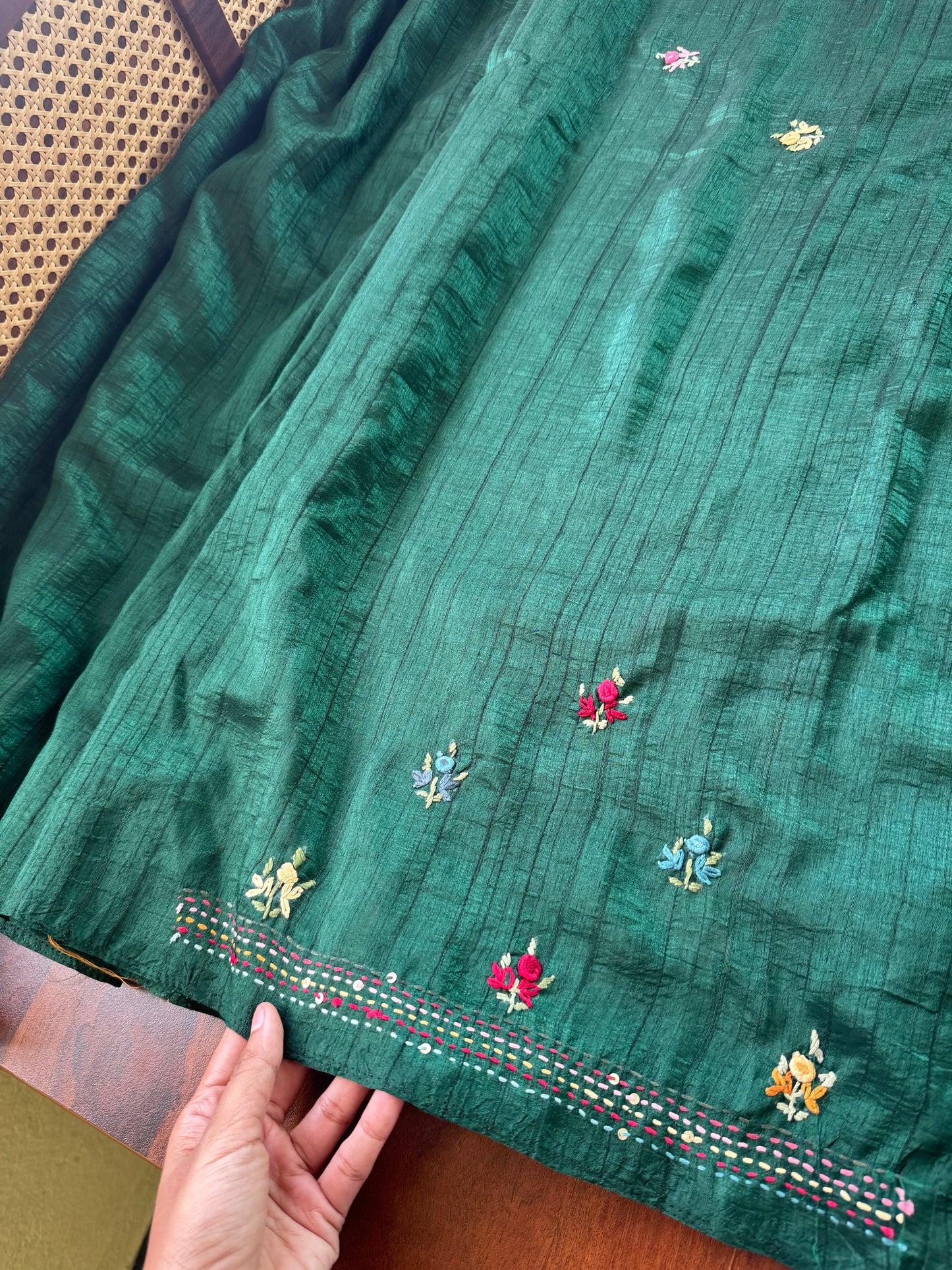 Premium Tussar Blend Saree with Handwork - Dark Green