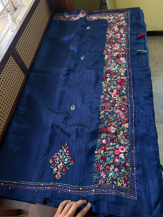 Premium Tussar Blend Saree with Handwork - Blue