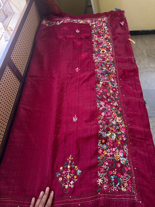 Premium Tussar Blend Saree with Handwork - Maroon