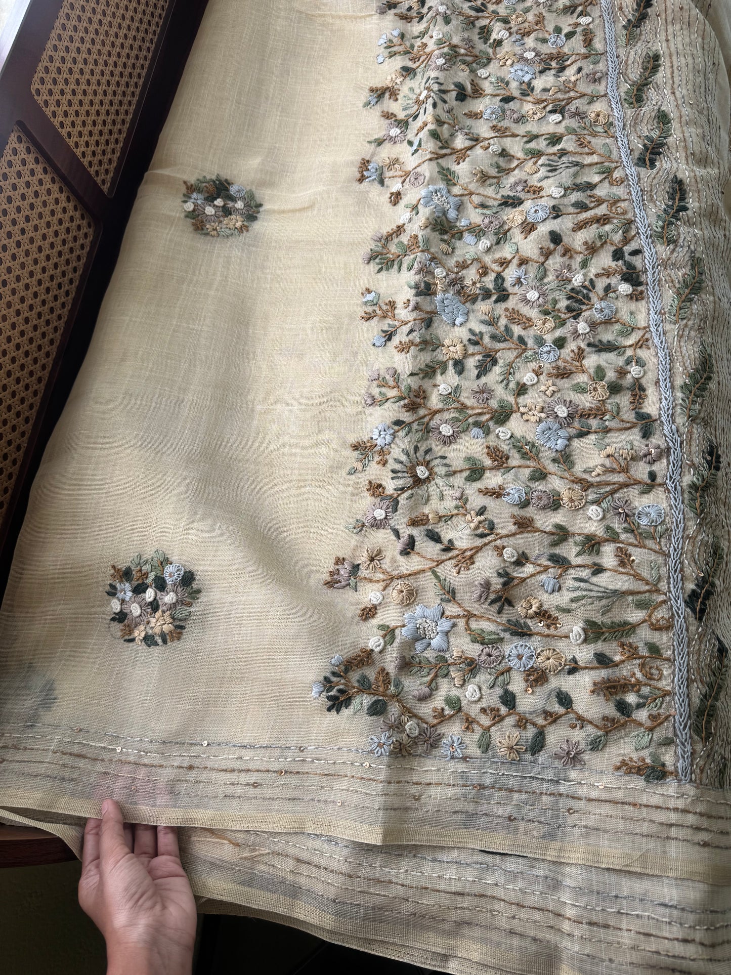 Premium Tissue Linen Sarees - Half White & Green