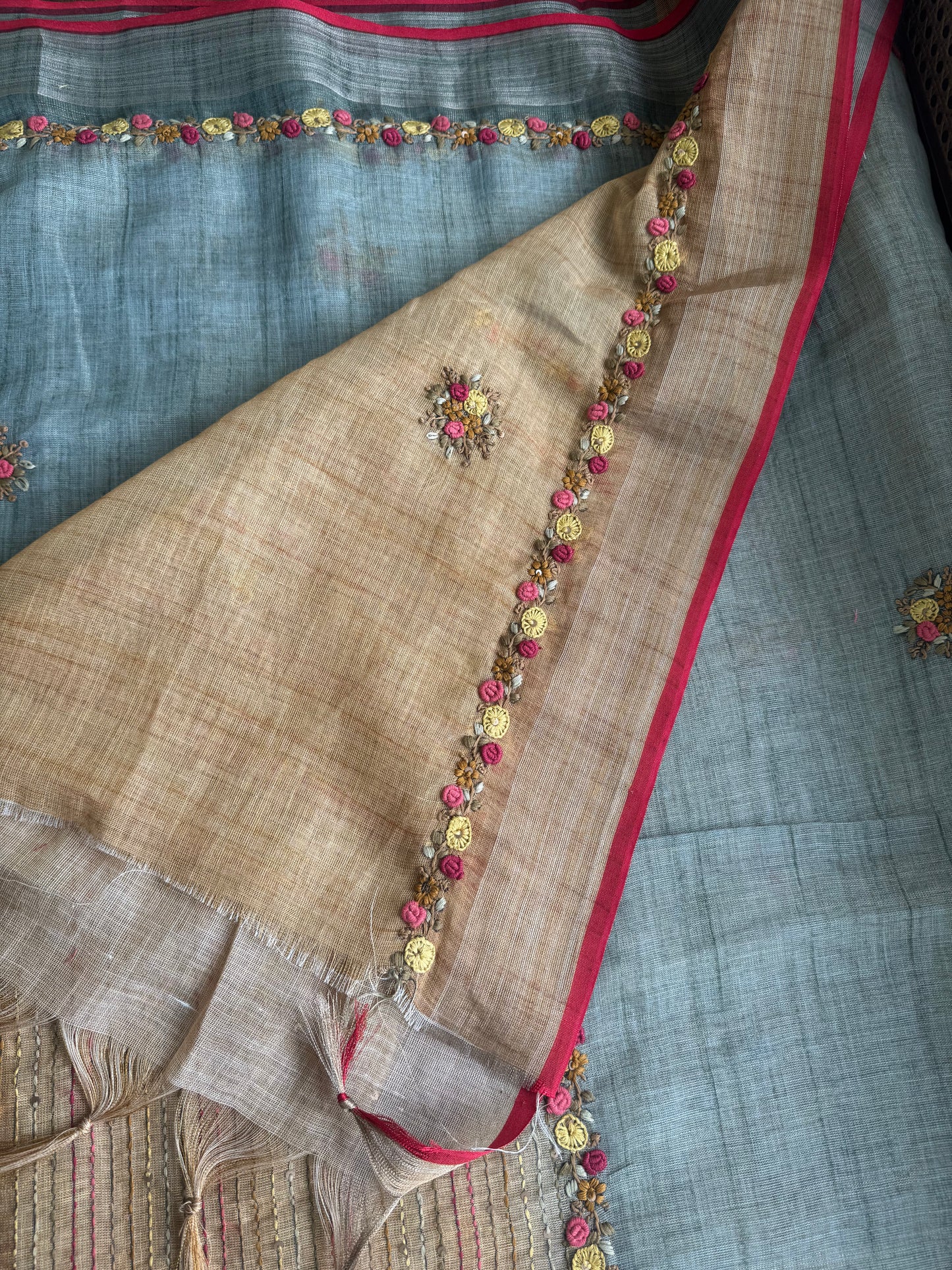 Premium Tissue Linen Sarees with borders - Sage Green