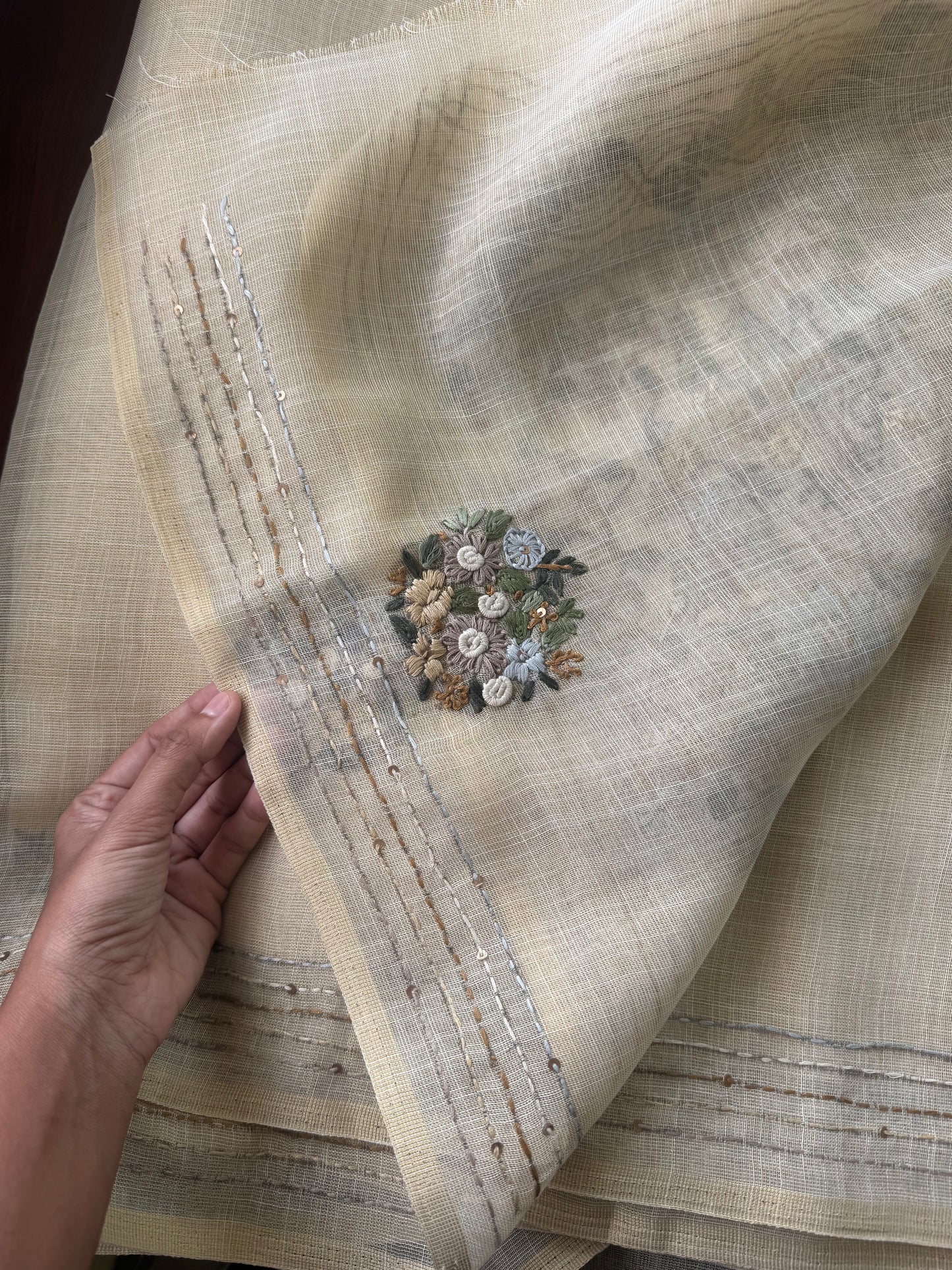 Premium Tissue Linen Sarees - Half White & Green