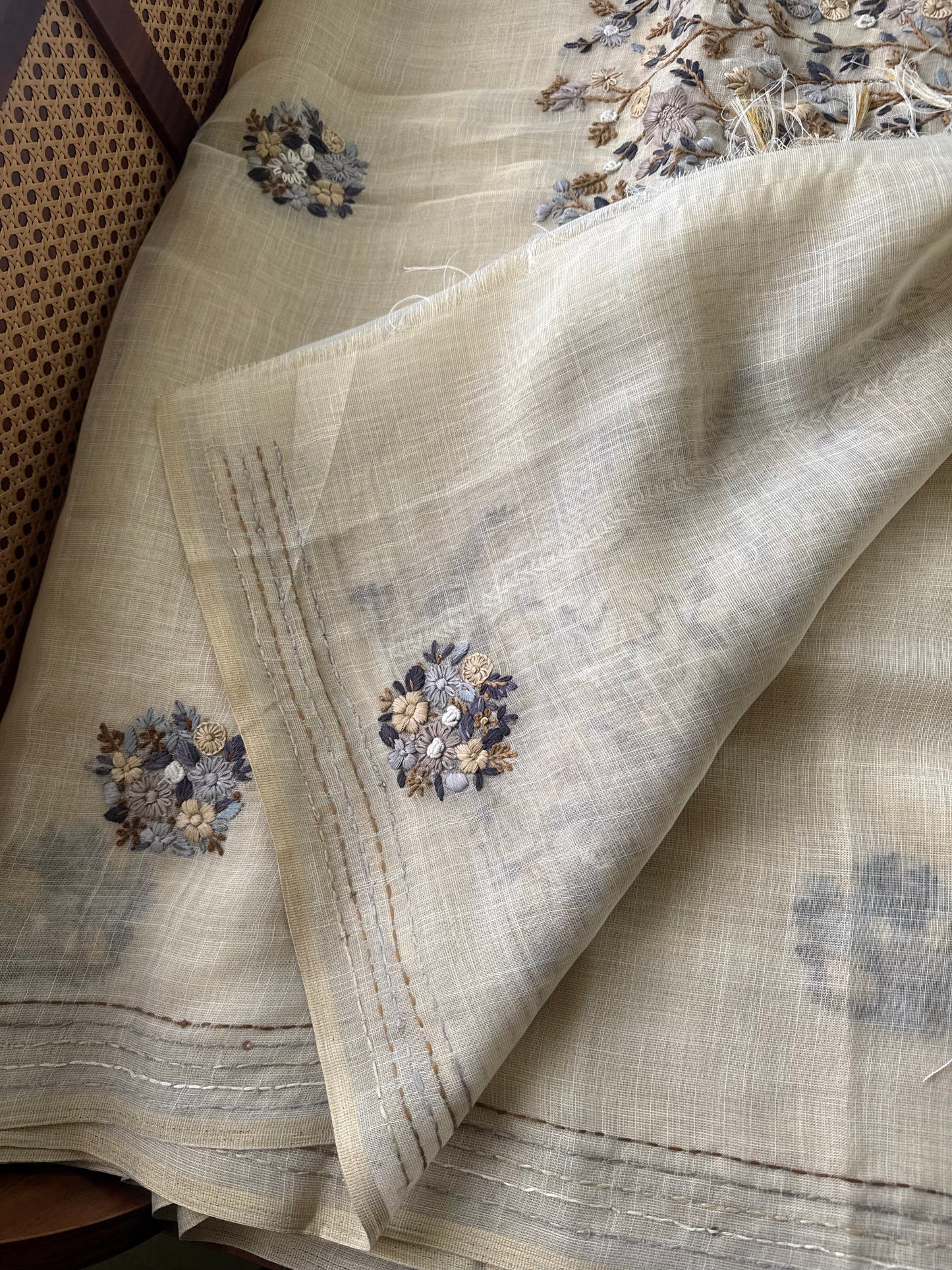 Premium Tissue Linen Sarees - Half White & Grey