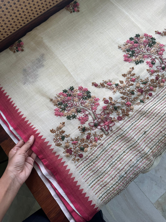 Premium Tissue Linen Sarees - Half White & Red