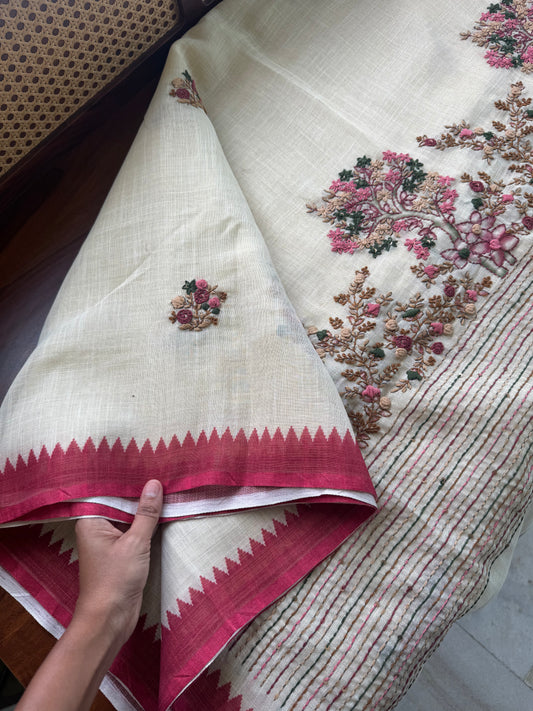 Premium Tissue Linen Sarees - Half White & Red