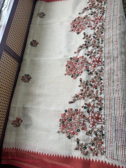 Premium Tissue Linen Sarees - Half White & Orange