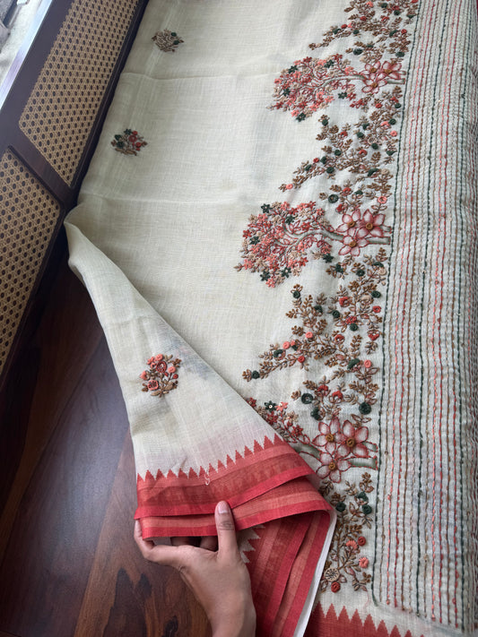 Premium Tissue Linen Sarees - Half White & Orange