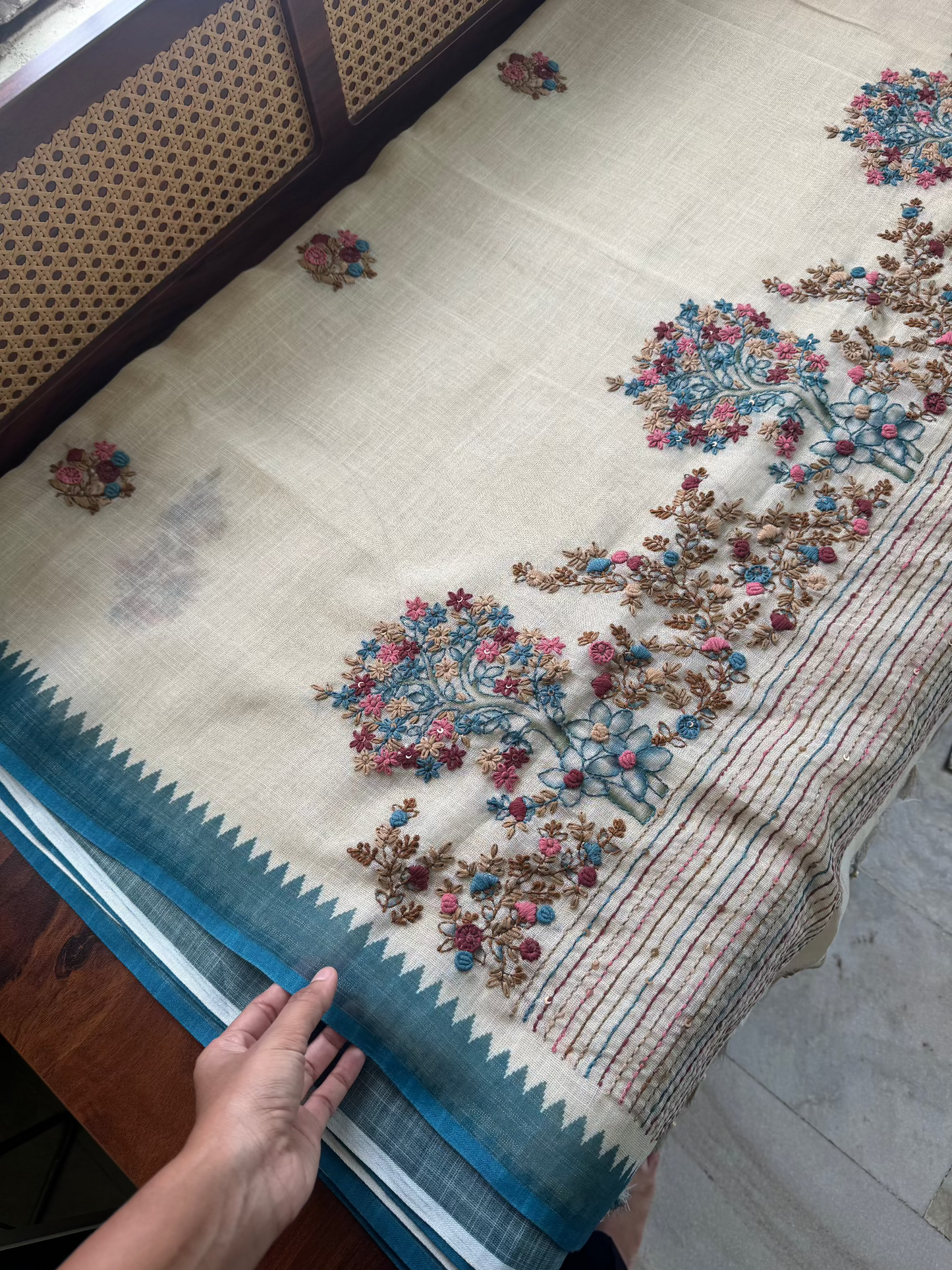Premium Tissue Linen Sarees - Half White & Blue