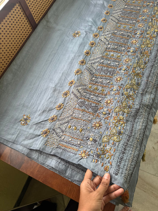 Premium Tussar Blend Saree with Handwork - Greyish Blue