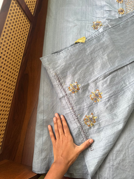 Premium Tussar Blend Saree with Handwork - Greyish Blue