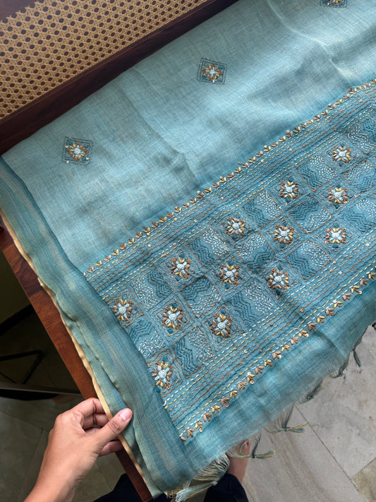 Premium Tissue Linen Sarees with heavy blouse - Blue