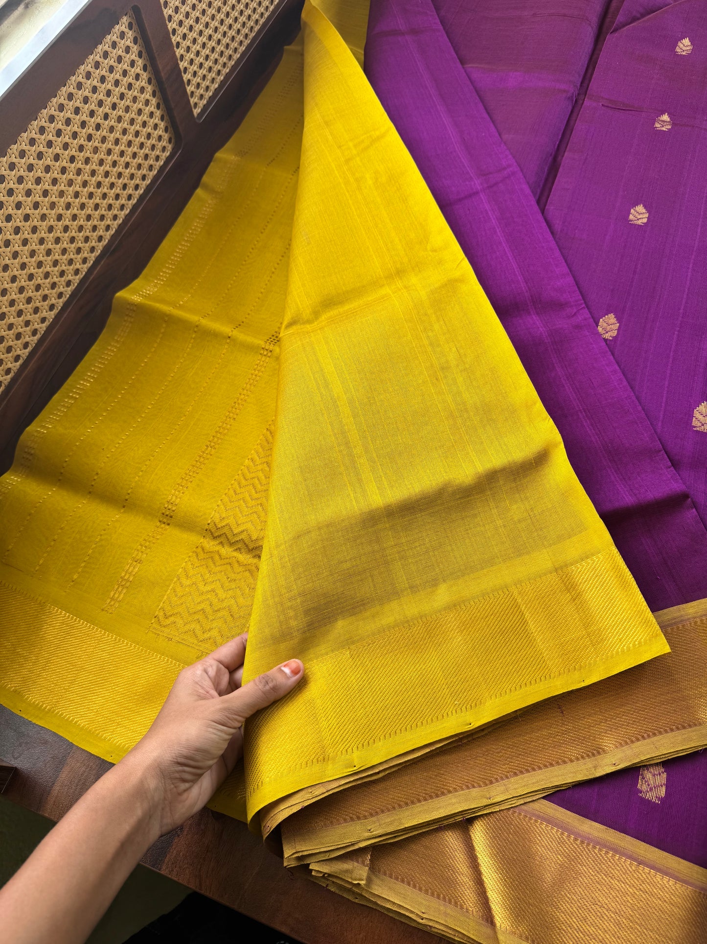 Handloom Pure Silk Cotton Saree - Purple & Yellow