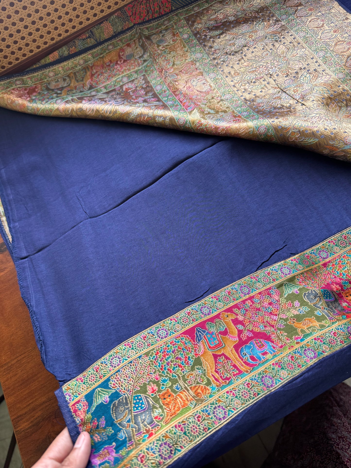 Luxe Pashmina Style Semi Silk Saree - Navy Blue