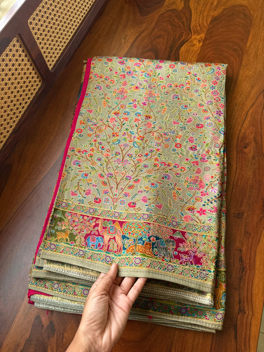 Luxe Pashmina Style Semi Silk Saree - Sage Green & Pink