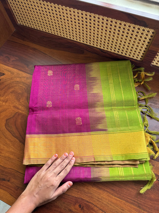 Handloom Pure Silk Cotton Saree - Purple & Green