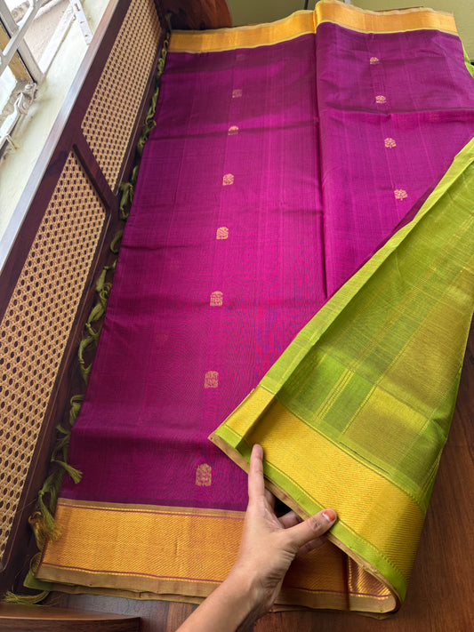 Handloom Pure Silk Cotton Saree - Purple & Green