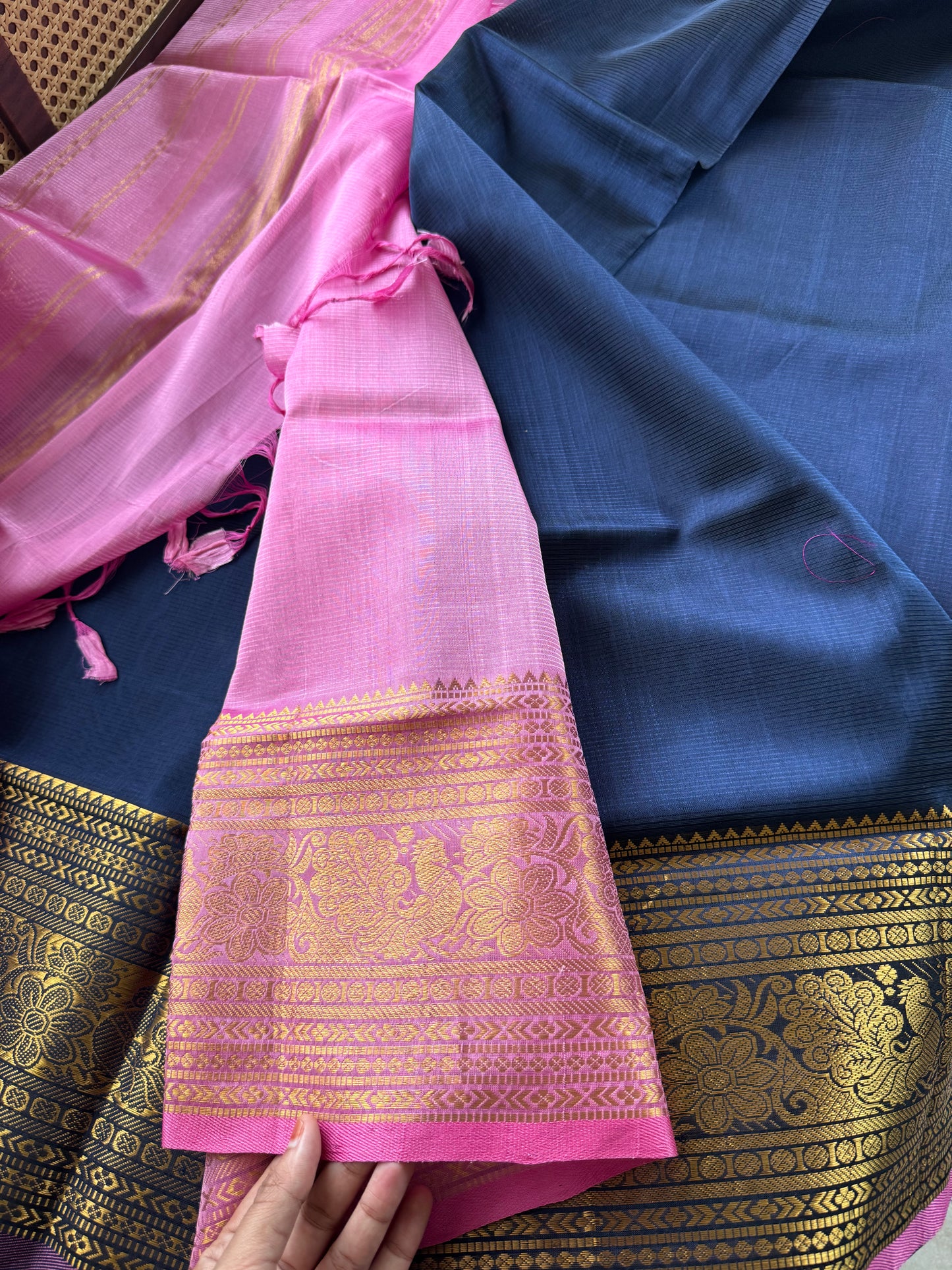 Mangalagiri Handloom Pure Silk Cotton Saree - Blue & Pink