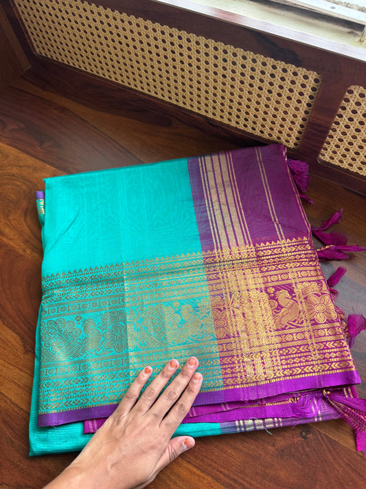 Mangalagiri Handloom Pure Silk Cotton Saree - Sea Green & Purple
